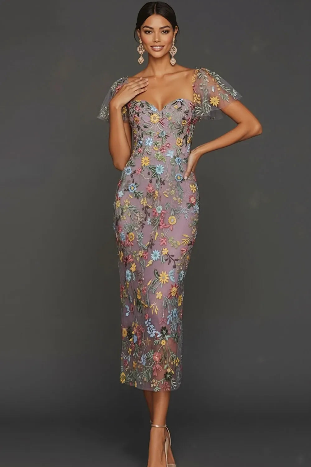 Loverlm dusty mauve floral embroidered sheath wedding guest dress with sweetheart neckline, sheer flutter sleeves and fitted midi skirt, front view
