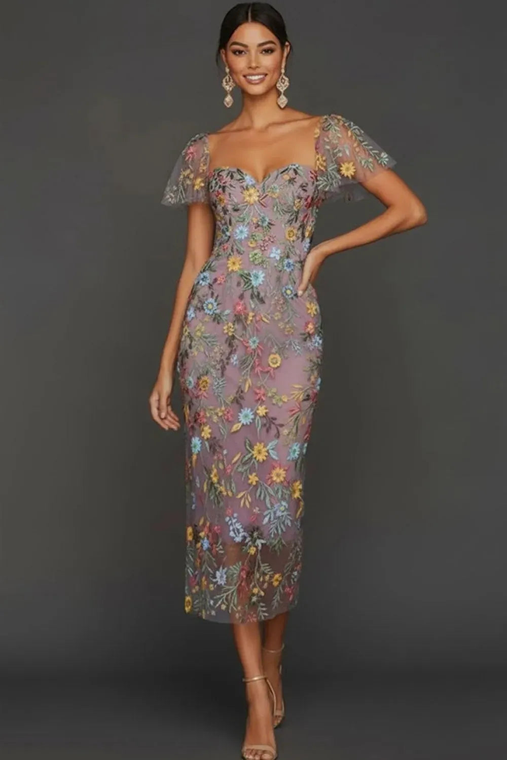 Romantic Floral Sheath Sweetheart Flutter-Sleeve Scoop-Back Midi Wedding Guest Dress