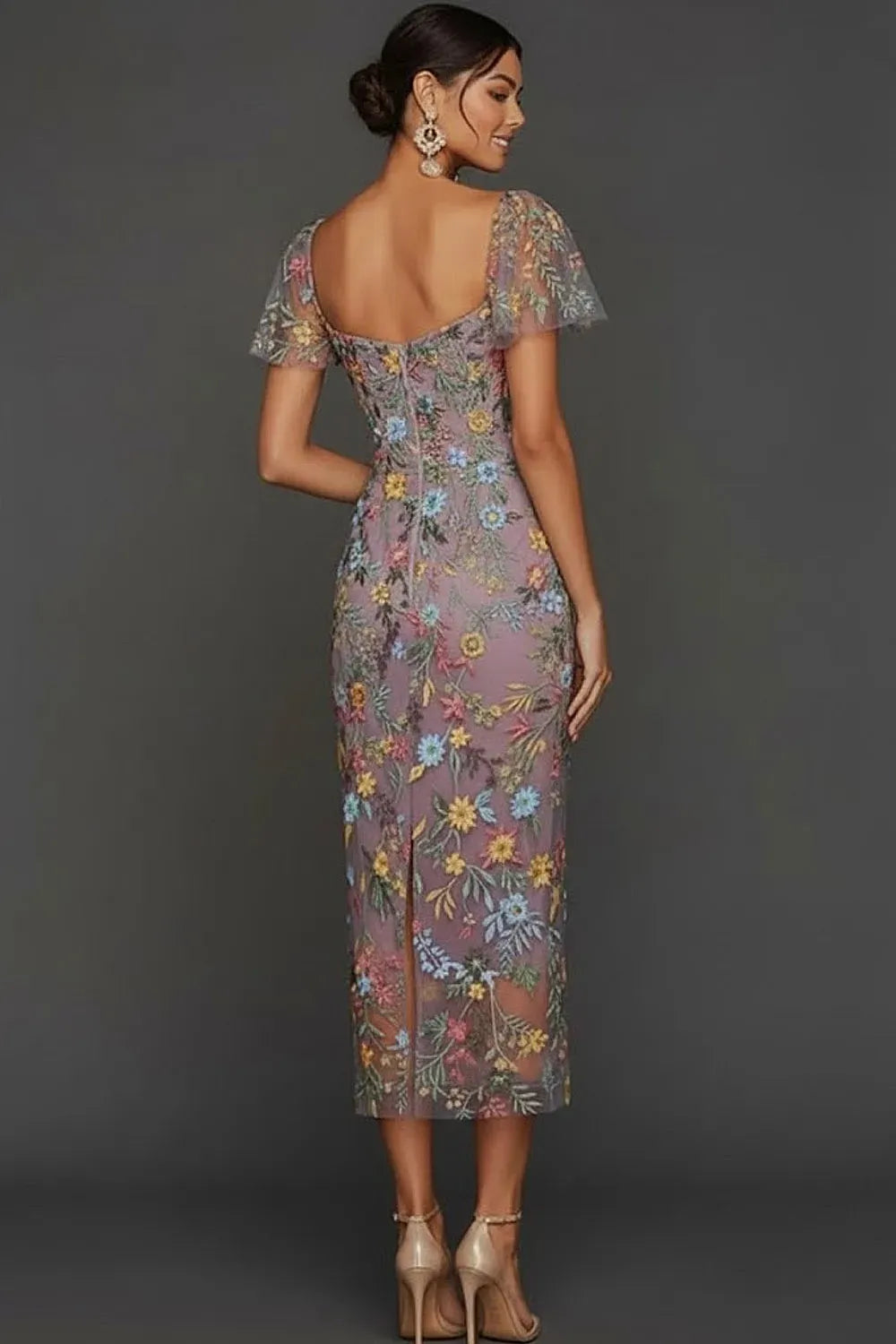 Romantic Floral Sheath Sweetheart Flutter-Sleeve Scoop-Back Midi Wedding Guest Dress