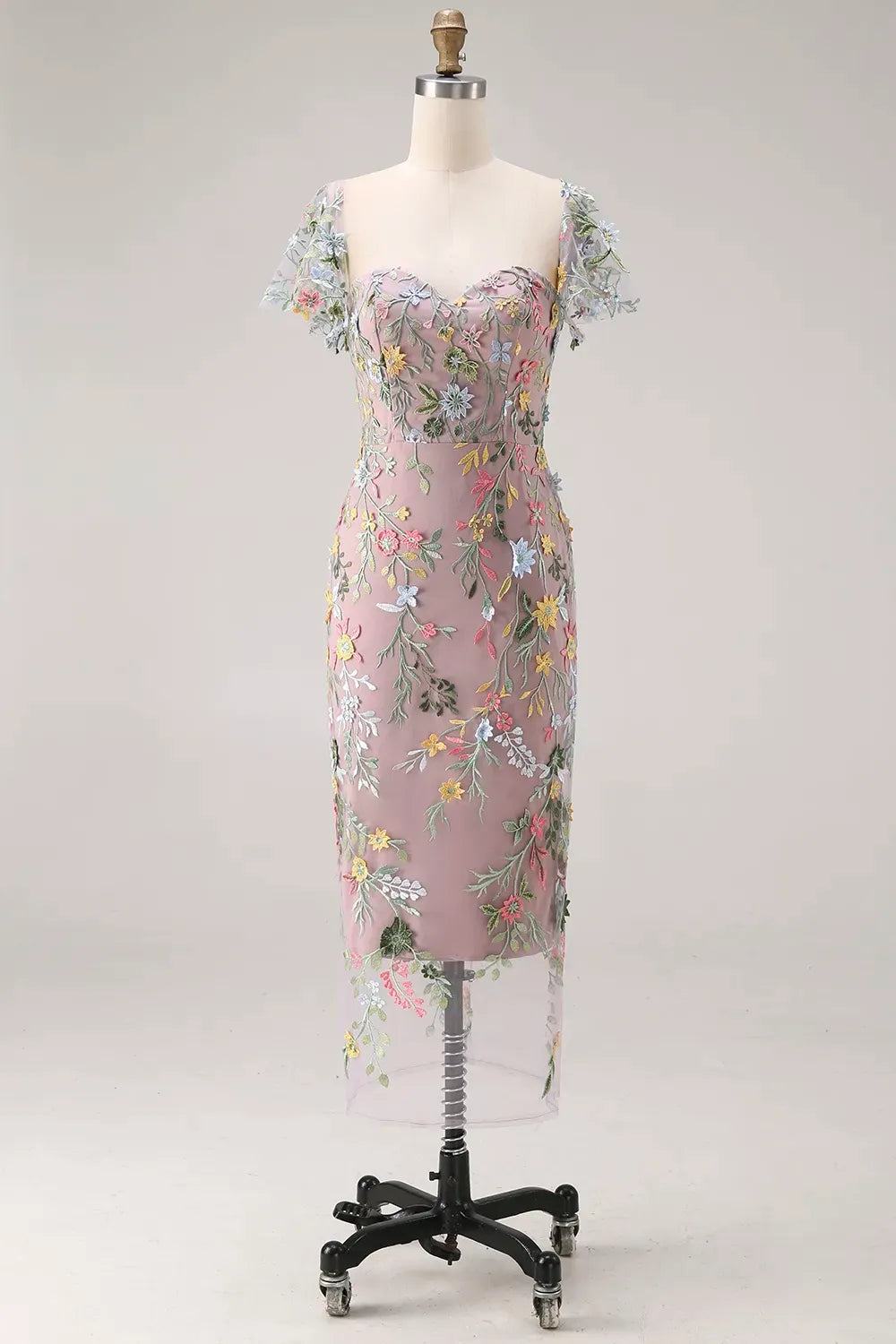 Romantic Floral Sheath Sweetheart Flutter-Sleeve Scoop-Back Midi Wedding Guest Dress