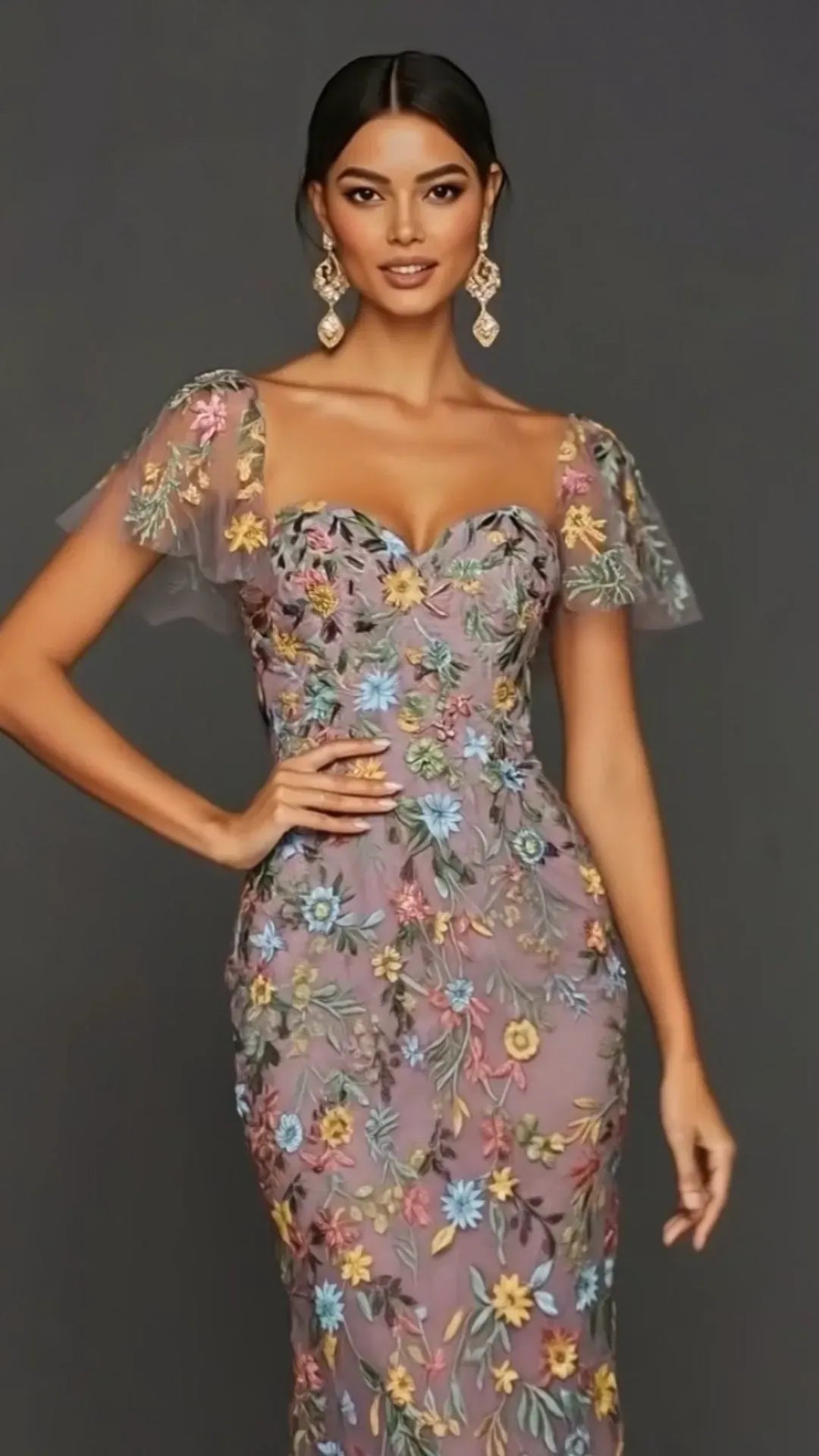 Romantic Floral Sheath Sweetheart Flutter-Sleeve Scoop-Back Midi Wedding Guest Dress