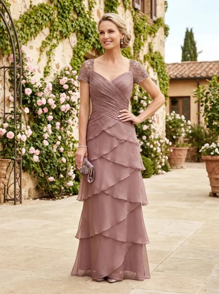 Loverlm dusty mauve Mother of the Bride dress with V-neck lace cap sleeves ruched bodice and layered chiffon floor-length skirt