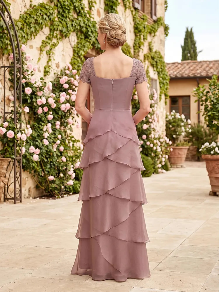Elegant A-Line V-Neck Cap-Sleeve Chiffon Floor-Length Mother of the Bride Dress