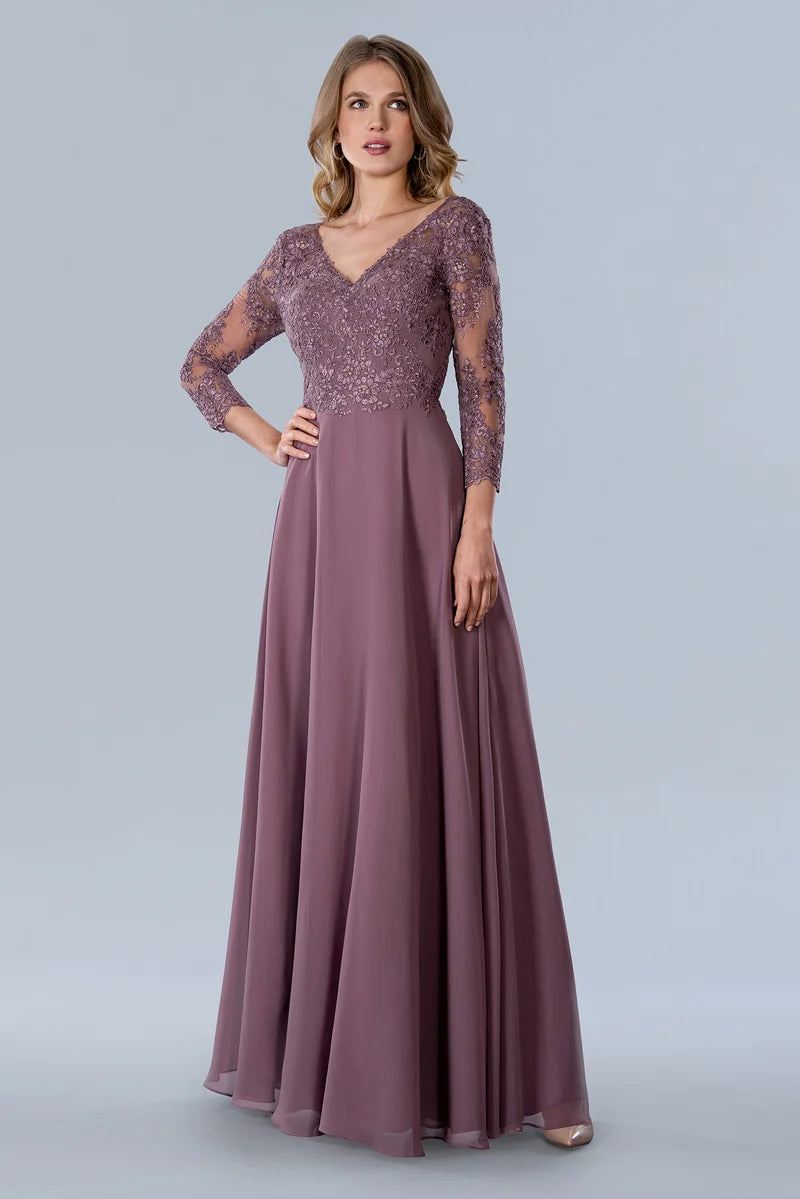 Loverlm dusty mauve mother of the bride dress with V-neck lace bodice three-quarter sleeves and flowing floor-length A-line skirt