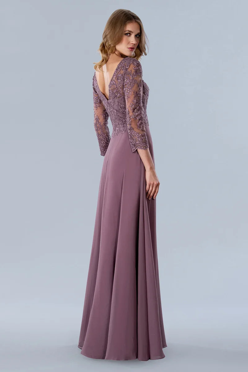 Elegant A-Line V-Neck Lace Three-Quarter-Sleeve V-Back Floor-Length Mother of the Bride Dress