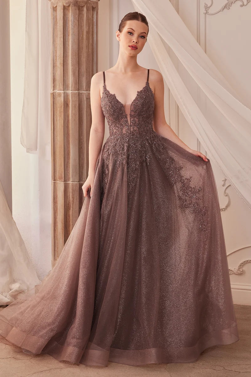 Loverlm dusty mocha prom dress with plunging V-neck spaghetti straps embellished lace bodice and sparkling floor-length A-line skirt
