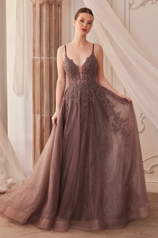 Loverlm dusty mocha prom dress with plunging V-neck spaghetti straps embellished lace bodice and sparkling floor-length A-line skirt