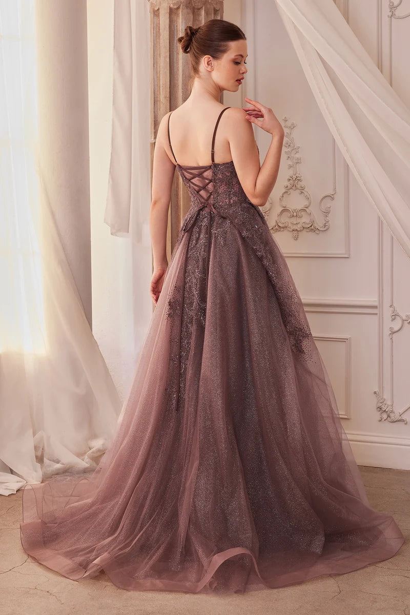 Romantic A-Line V-Neck Spaghetti-Strap Lace-Up Floor-Length Prom Dress