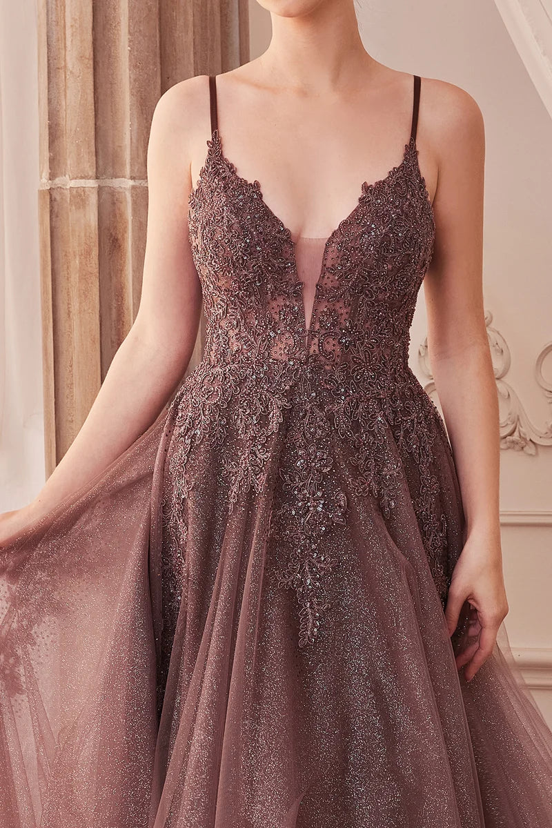 Romantic A-Line V-Neck Spaghetti-Strap Lace-Up Floor-Length Prom Dress