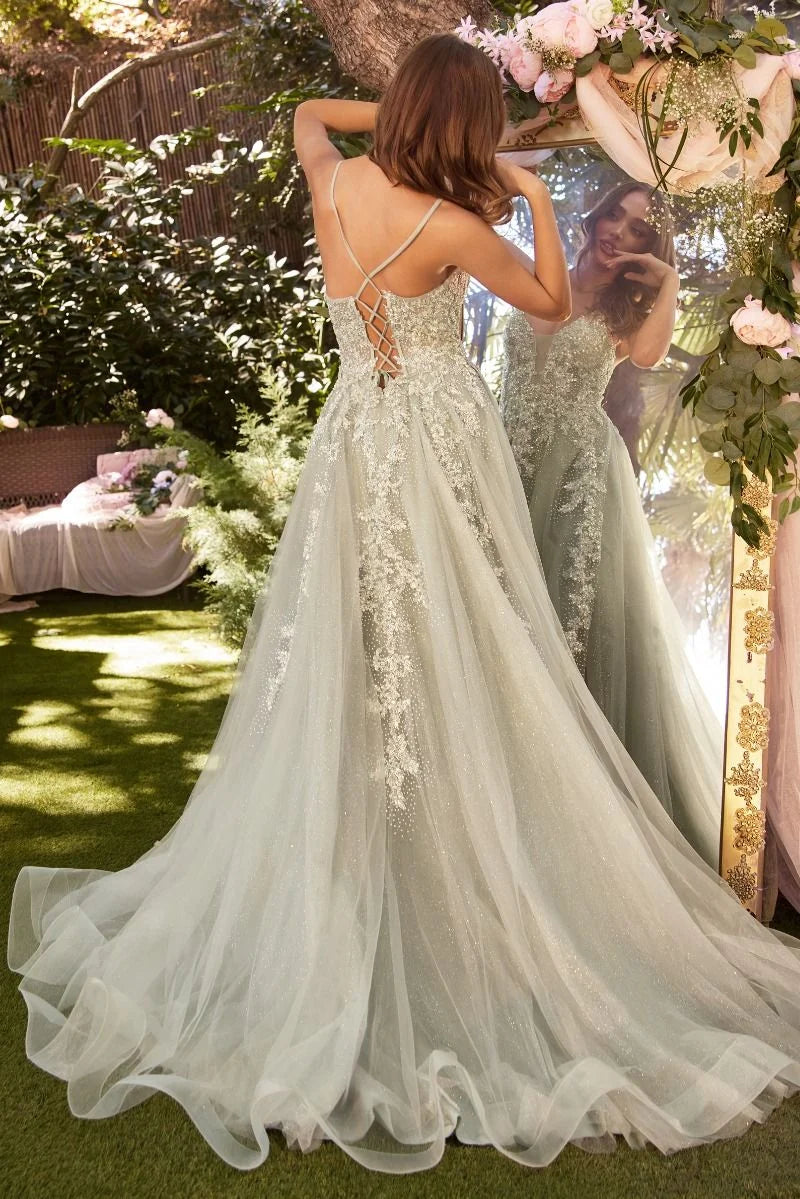 Romantic A-Line V-Neck Spaghetti-Strap Lace-Up Floor-Length Prom Dress