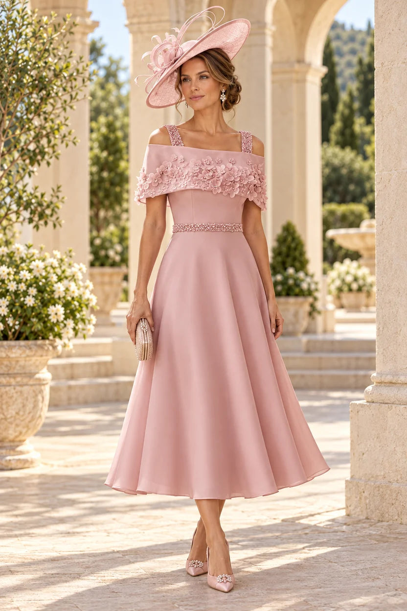 Loverlm dusty pink tea-length Mother of the Bride dress with off-shoulder floral capelet and beaded waist front view
