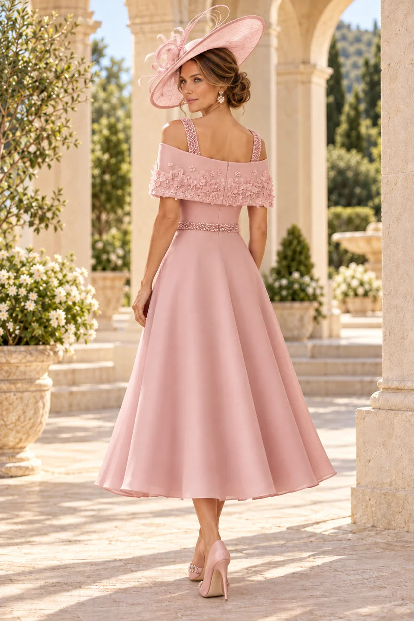Romantic A-Line Off-Shoulder Short Sleeve Satin Tea-Length Mother of the Bride Dress