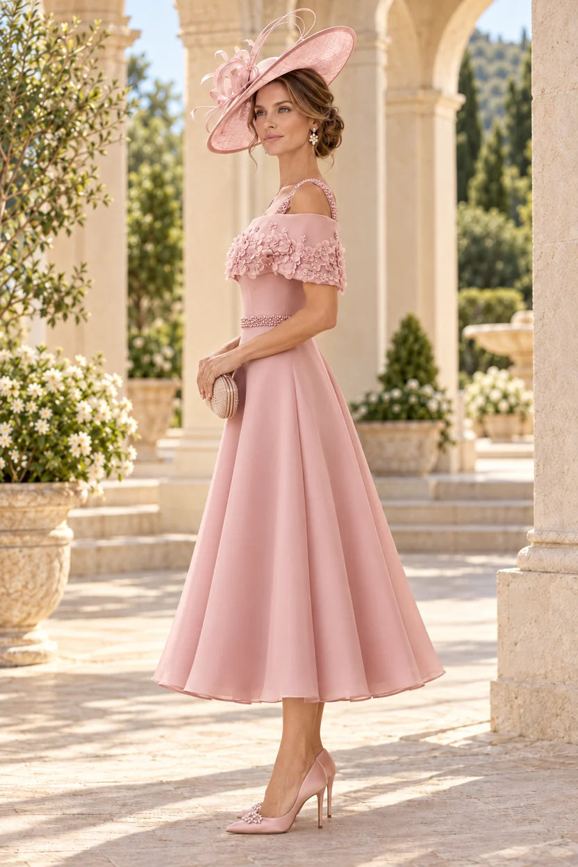 Romantic A-Line Off-Shoulder Short Sleeve Satin Tea-Length Mother of the Bride Dress