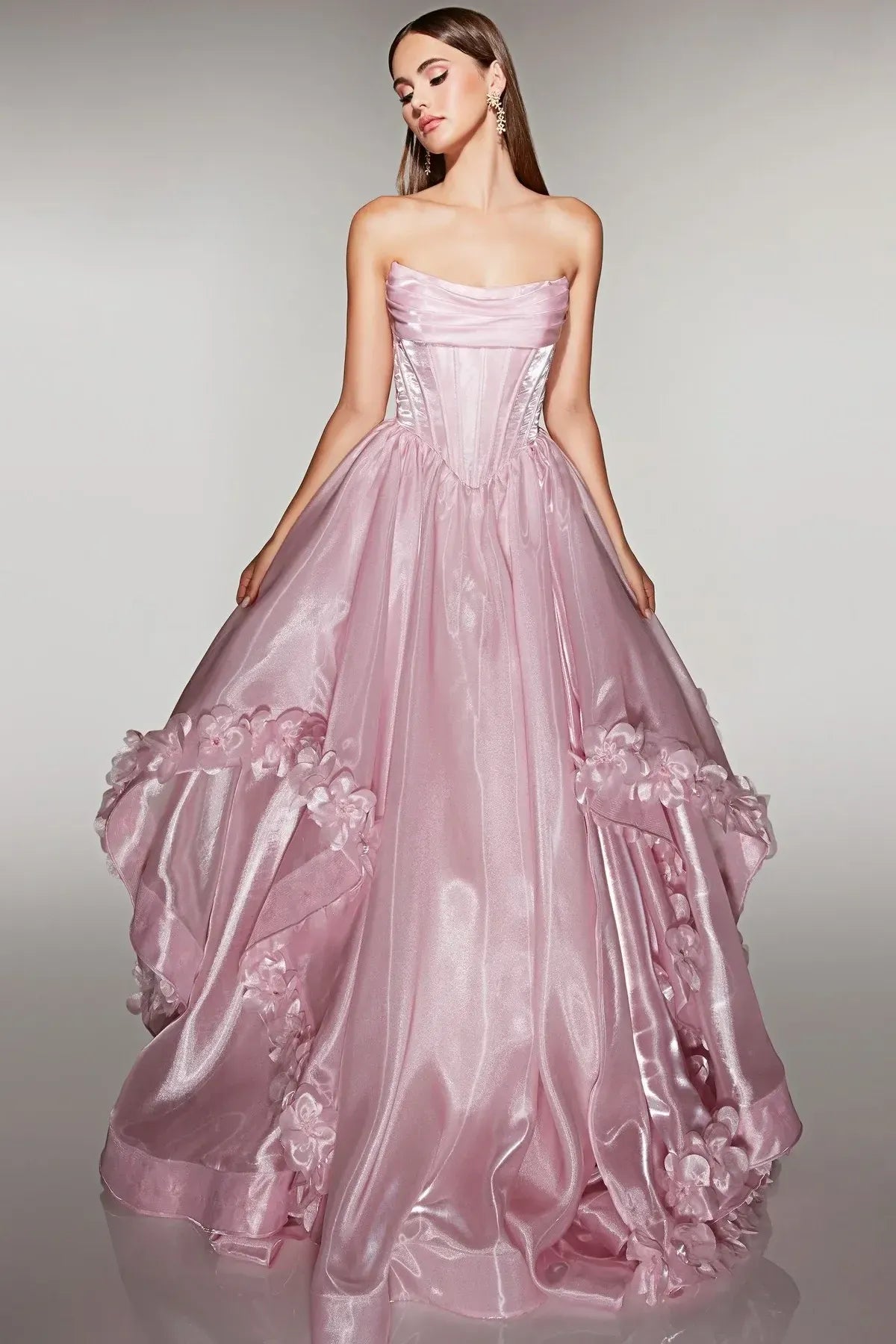 Loverlm dusty pink ball gown prom dress with strapless sweetheart corset bodice 3D floral appliqués and full floor-length skirt