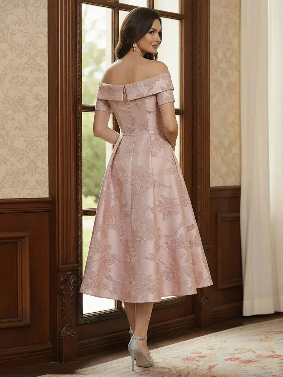 Elegant A-Line Off-Shoulder Short Sleeve Zipper Back Tea-Length Mother of the Bride Dress