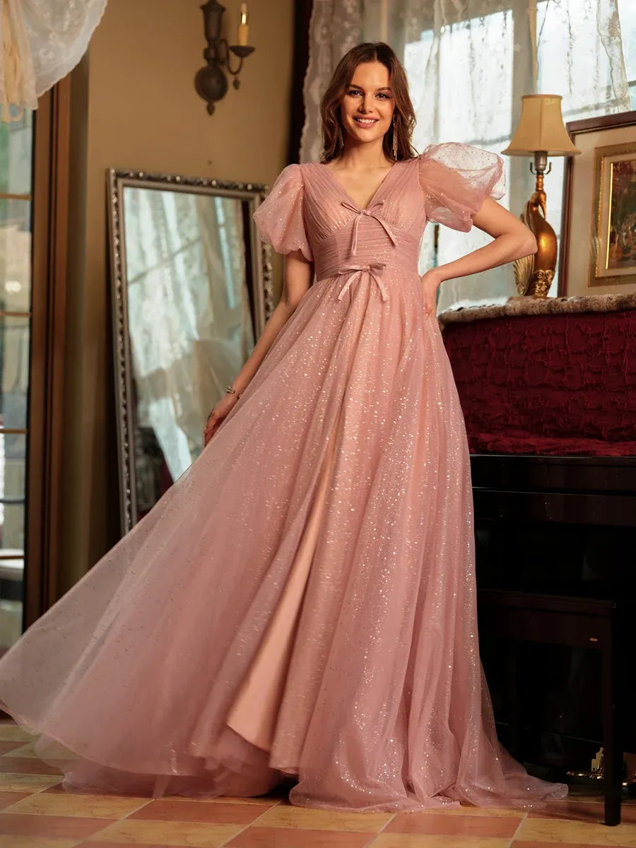 Romantic A-Line V-Neck Puff-Sleeve Lace-Up Floor-Length Glitter Prom Dress