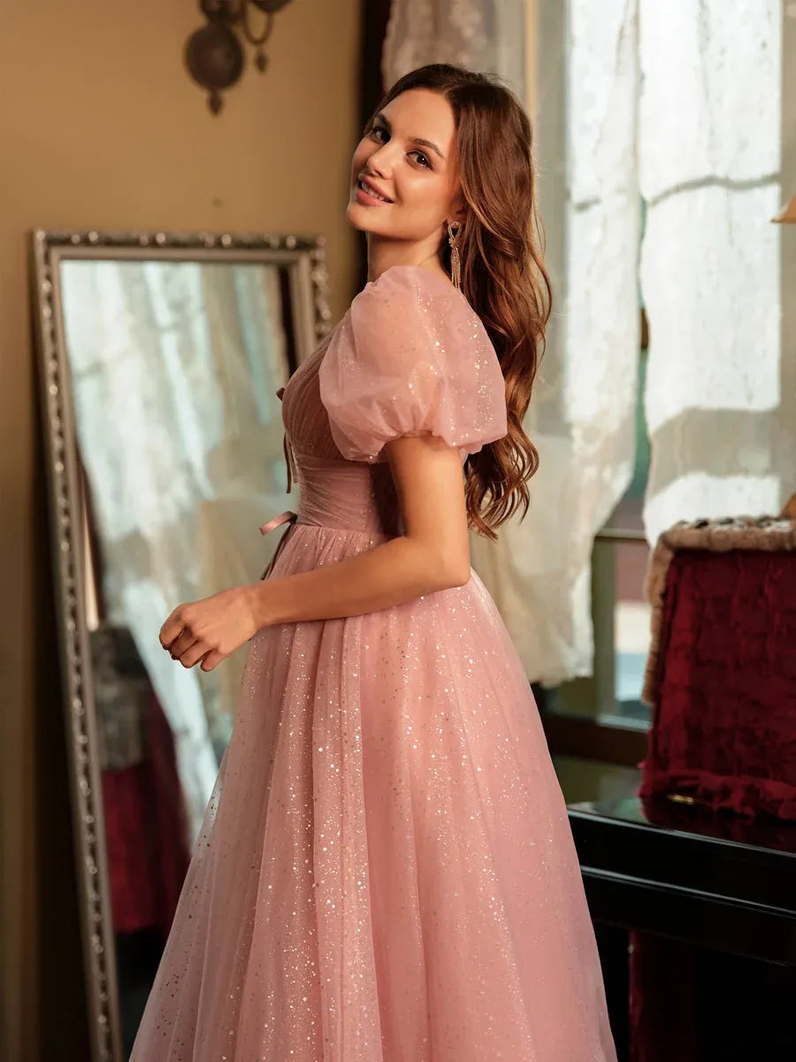 Romantic A-Line V-Neck Puff-Sleeve Lace-Up Floor-Length Glitter Prom Dress