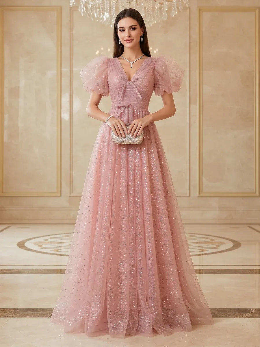 Romantic A-Line V-Neck Puff-Sleeve Lace-Up Floor-Length Glitter Prom Dress
