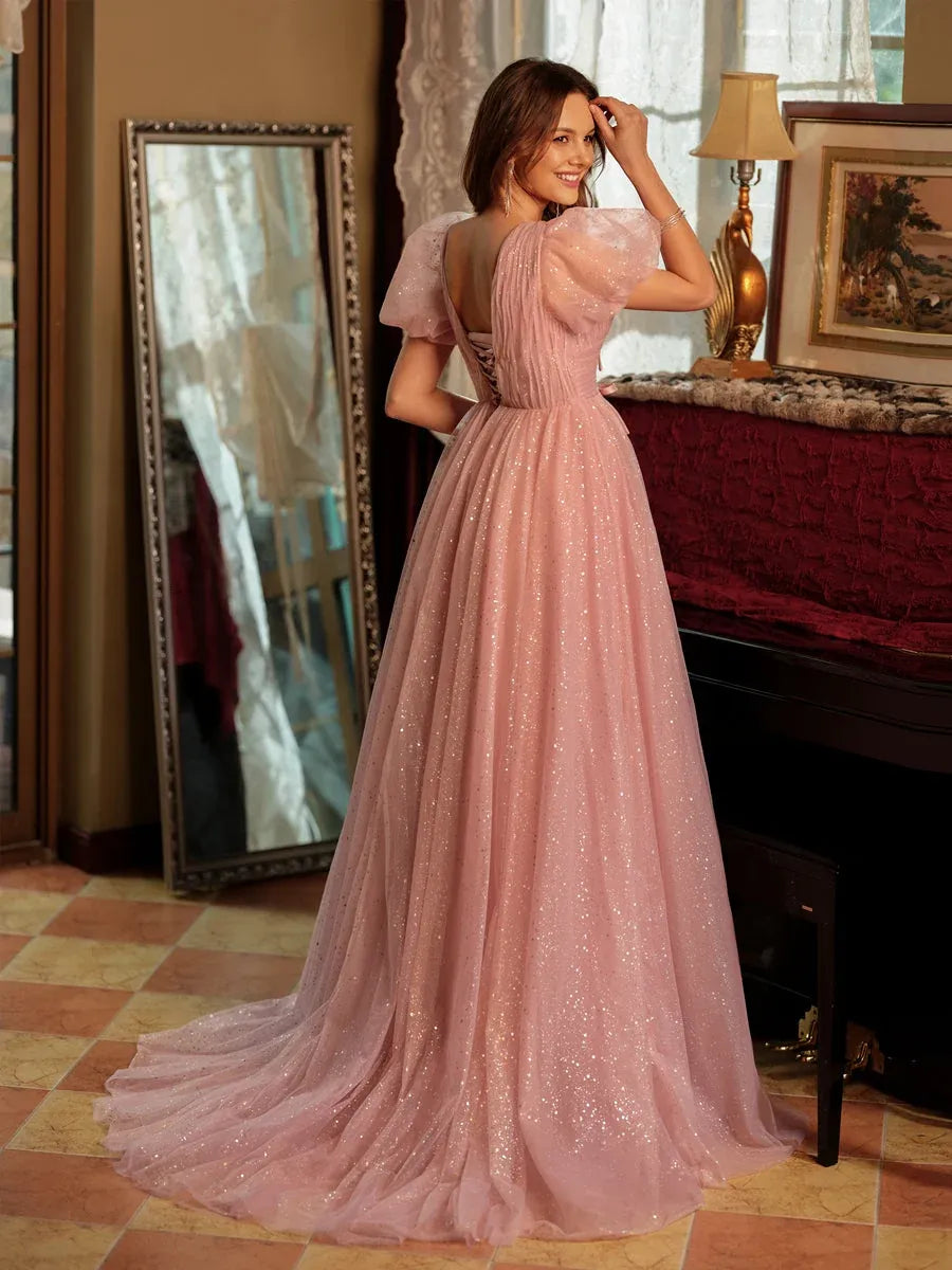Romantic A-Line V-Neck Puff-Sleeve Lace-Up Floor-Length Glitter Prom Dress