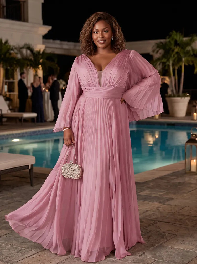 Loverlm dusty pink plus size evening dress front view with pleated chiffon V-neck bodice, flowing bishop sleeves, gathered waistband and A-line maxi skirt