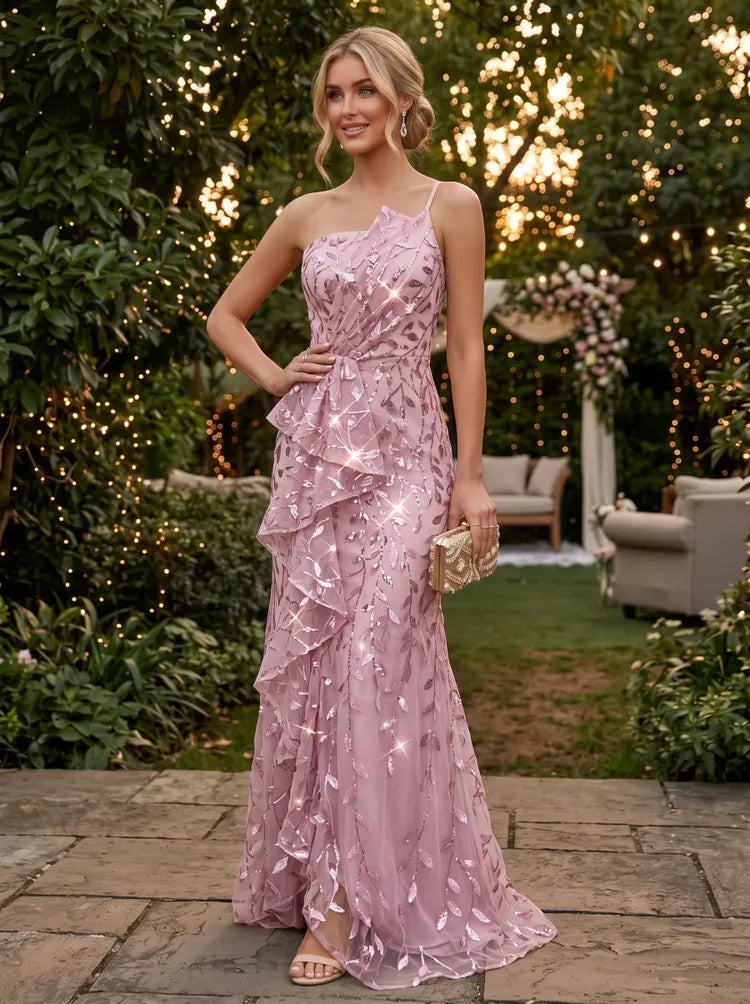 Loverlm dusty pink sequin tulle asymmetric floor length wedding guest dress front view