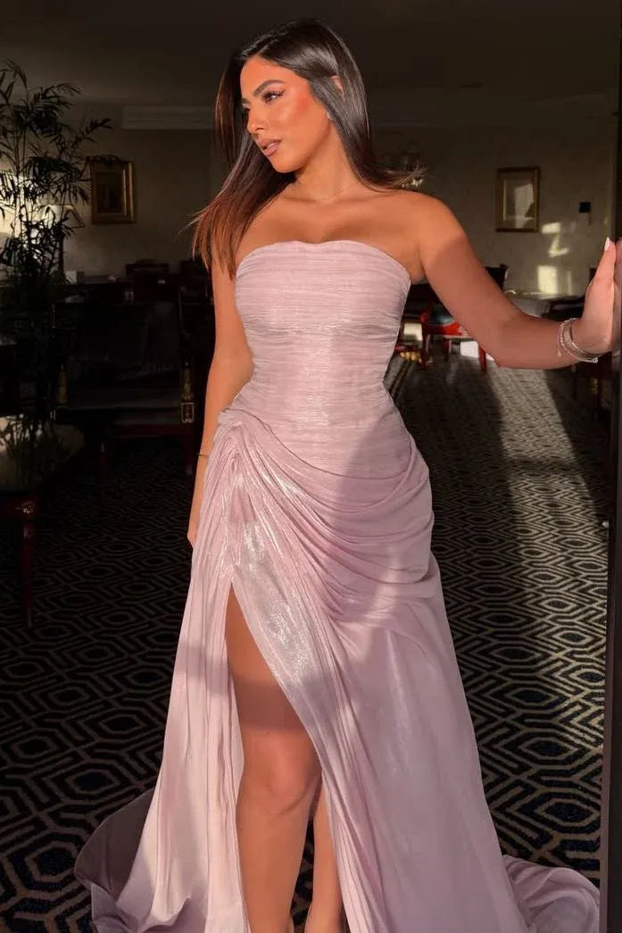 Loverlm dusty pink strapless prom dress with ruched sweetheart bodice draped waist high slit and shimmering floor-length skirt