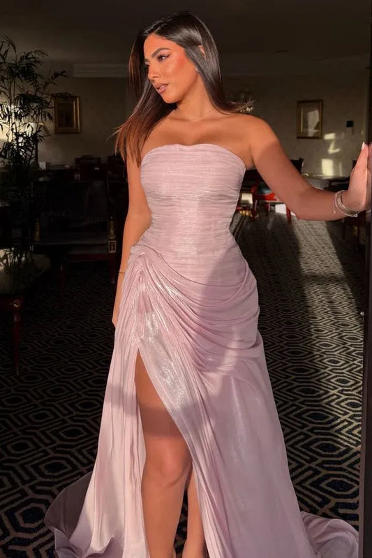 Loverlm dusty pink strapless prom dress with ruched sweetheart bodice draped waist high slit and shimmering floor-length skirt