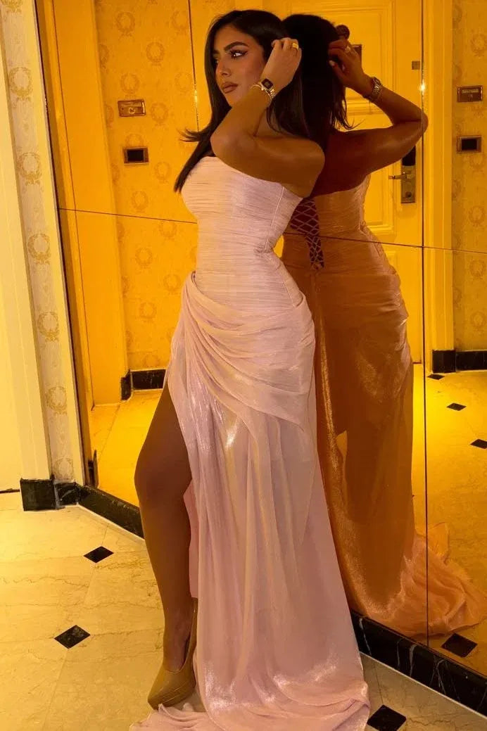 Glamorous A-Line Sweetheart Strapless Ruched High-Slit Floor-Length Prom Dress