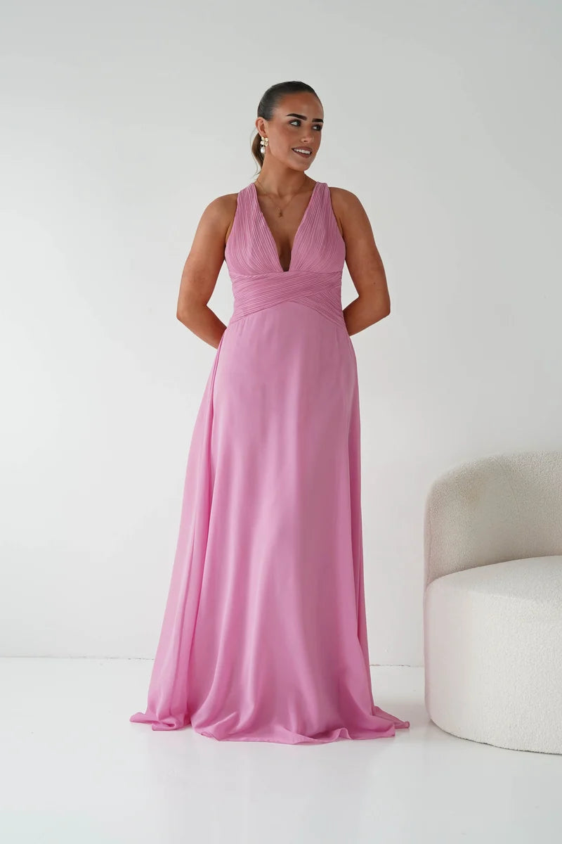 Elegant A-Line Plunging V-Neck Sleeveless Crisscross Back Floor-Length Prom Dress