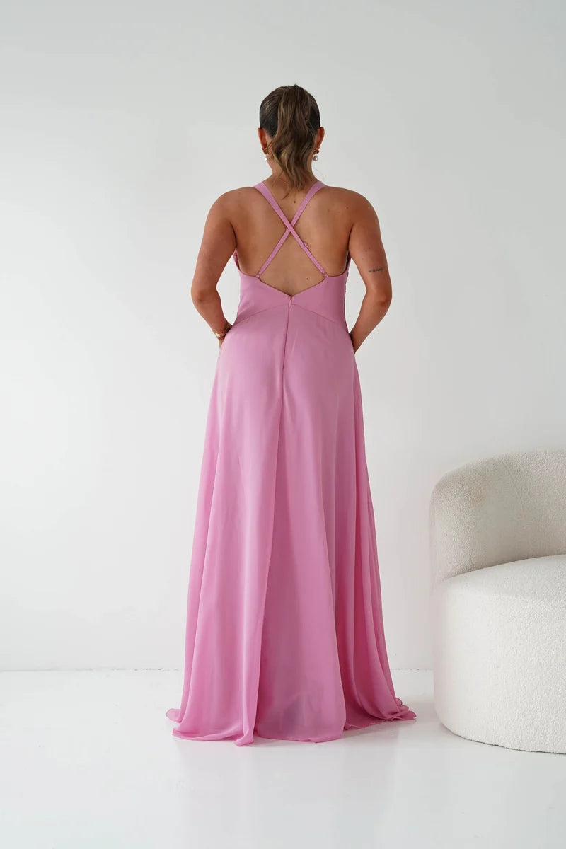 Elegant A-Line Plunging V-Neck Sleeveless Crisscross Back Floor-Length Prom Dress