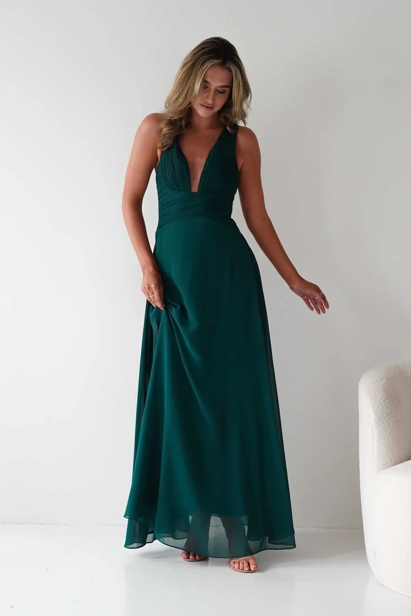 Elegant A-Line Plunging V-Neck Sleeveless Crisscross Back Floor-Length Prom Dress