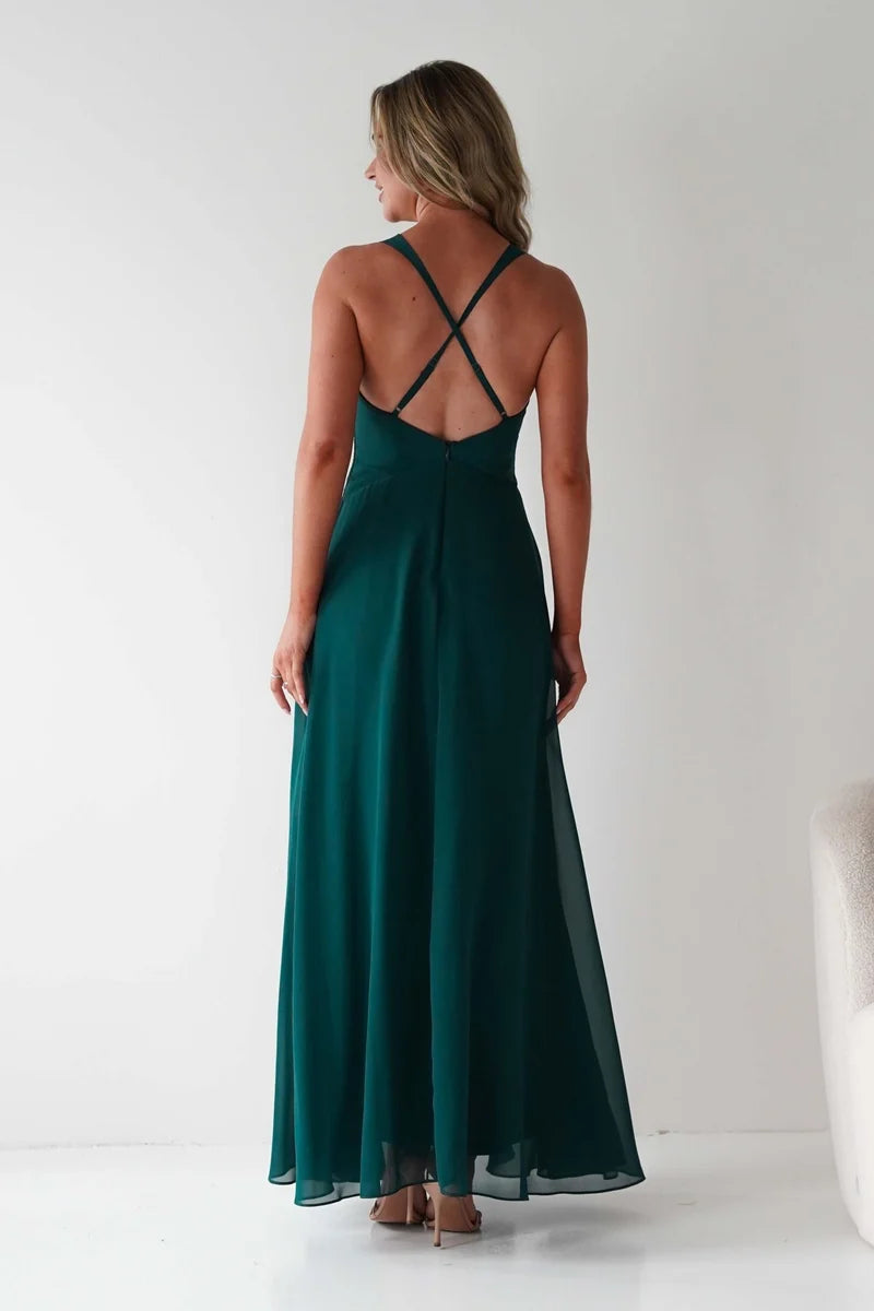 Elegant A-Line Plunging V-Neck Sleeveless Crisscross Back Floor-Length Prom Dress