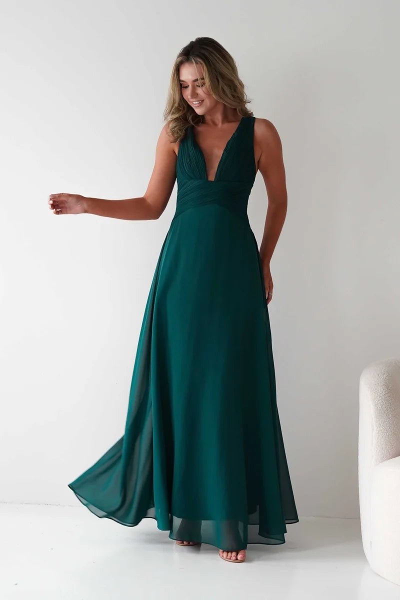 Elegant A-Line Plunging V-Neck Sleeveless Crisscross Back Floor-Length Prom Dress