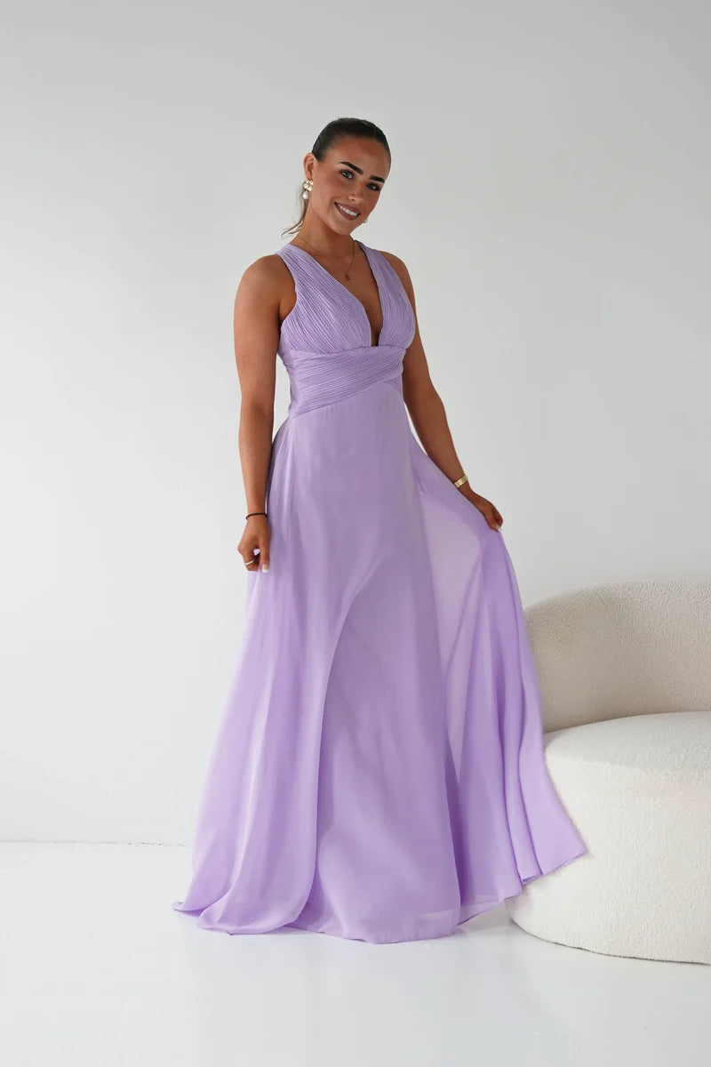 Elegant A-Line Plunging V-Neck Sleeveless Crisscross Back Floor-Length Prom Dress
