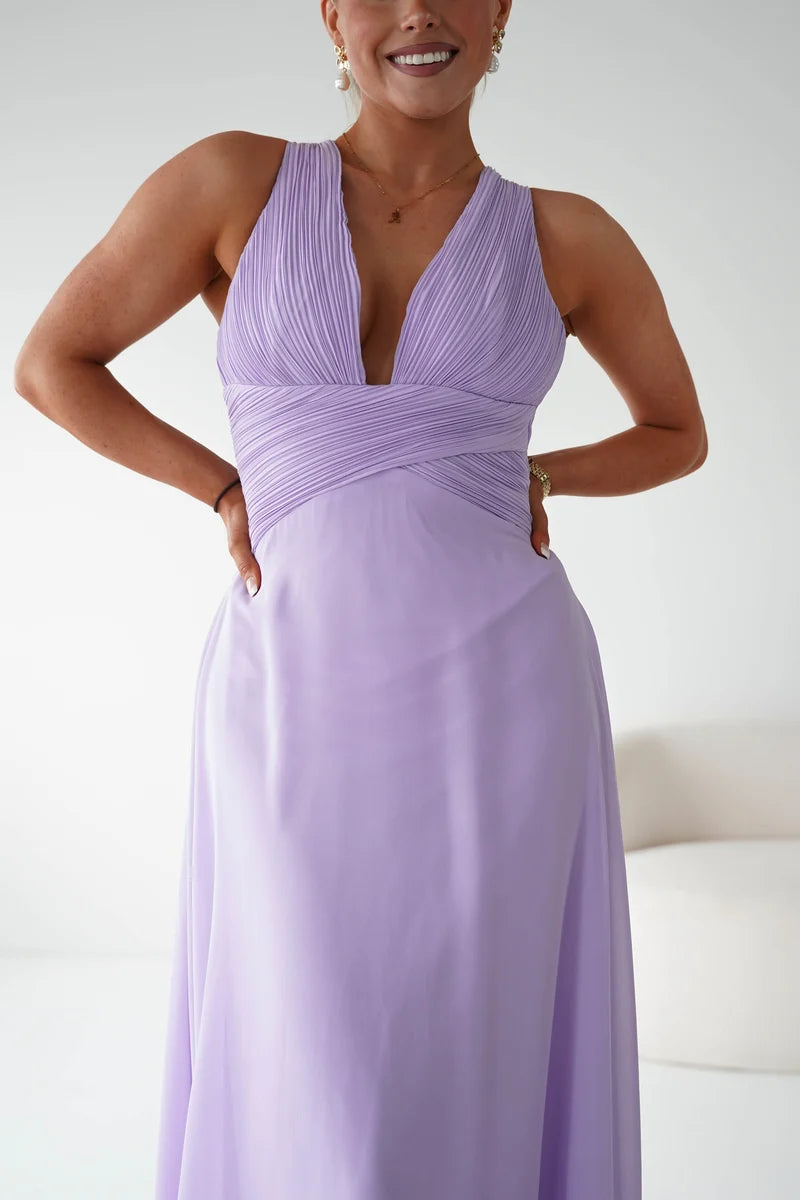 Elegant A-Line Plunging V-Neck Sleeveless Crisscross Back Floor-Length Prom Dress