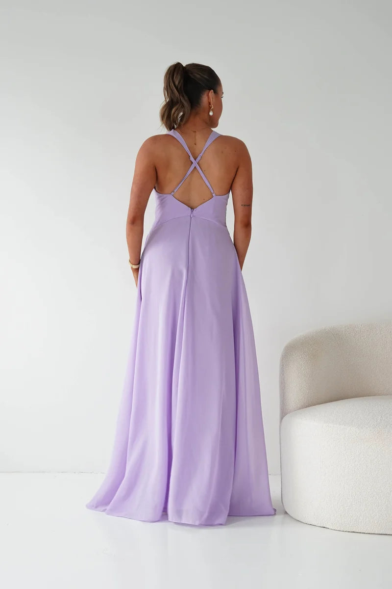 Elegant A-Line Plunging V-Neck Sleeveless Crisscross Back Floor-Length Prom Dress