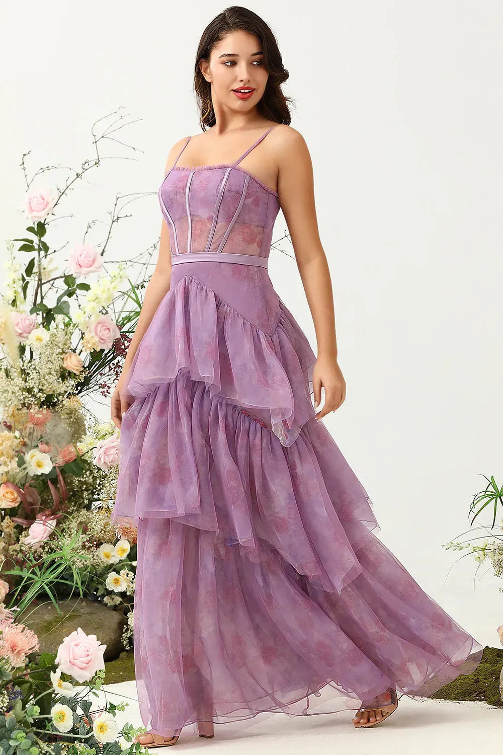 Loverlm dusty purple floral A-line prom dress with square neckline, spaghetti straps, fitted bodice and cascading tiered tulle ruffles