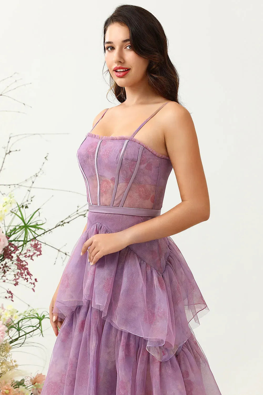 Romantic A-Line Square Neck Spaghetti Straps Zipper Tiered Floor Length Prom Dress