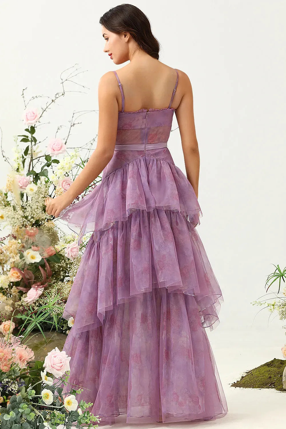 Romantic A-Line Square Neck Spaghetti Straps Zipper Tiered Floor Length Prom Dress