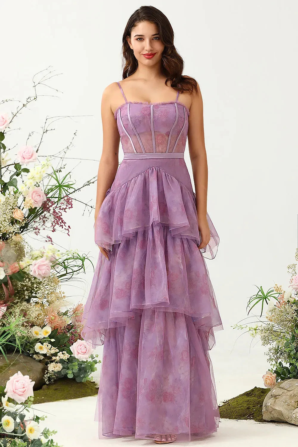 Romantic A-Line Square Neck Spaghetti Straps Zipper Tiered Floor Length Prom Dress
