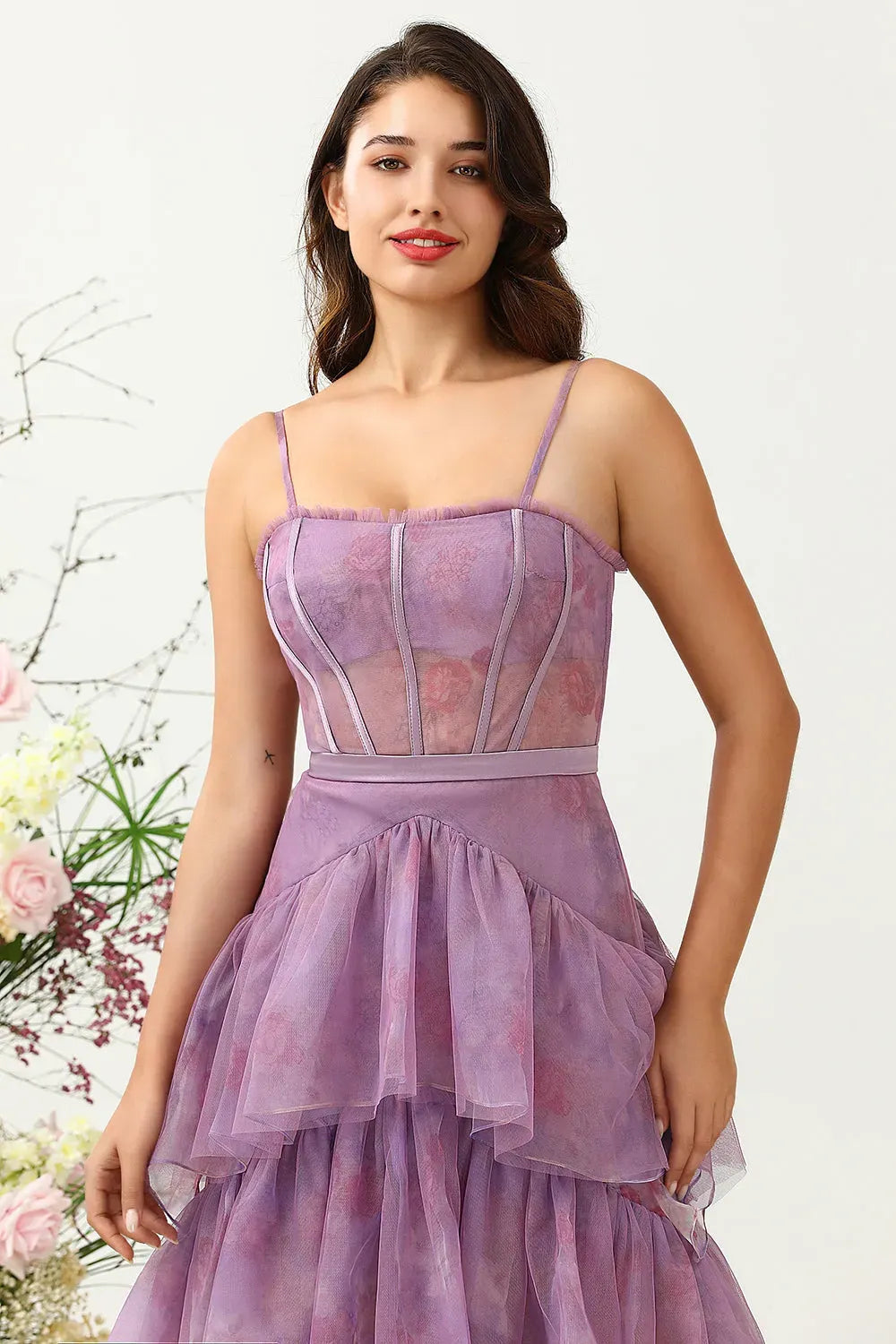 Romantic A-Line Square Neck Spaghetti Straps Zipper Tiered Floor Length Prom Dress