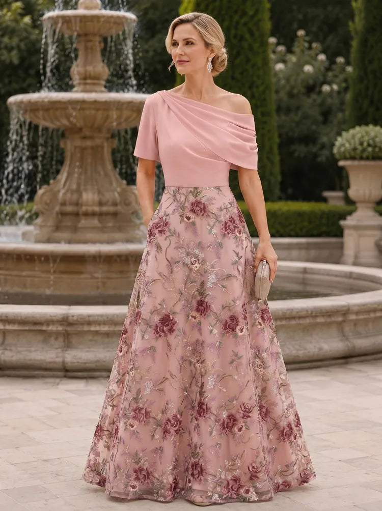 Loverlm dusty rose Mother of the Bride dress with asymmetric neckline short sleeve floral embroidered bodice and floor-length A-line skirt