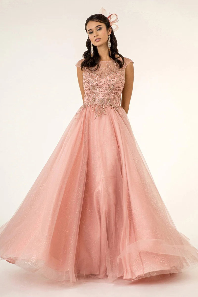Loverlm dusty rose beaded illusion neck A-line prom dress front view