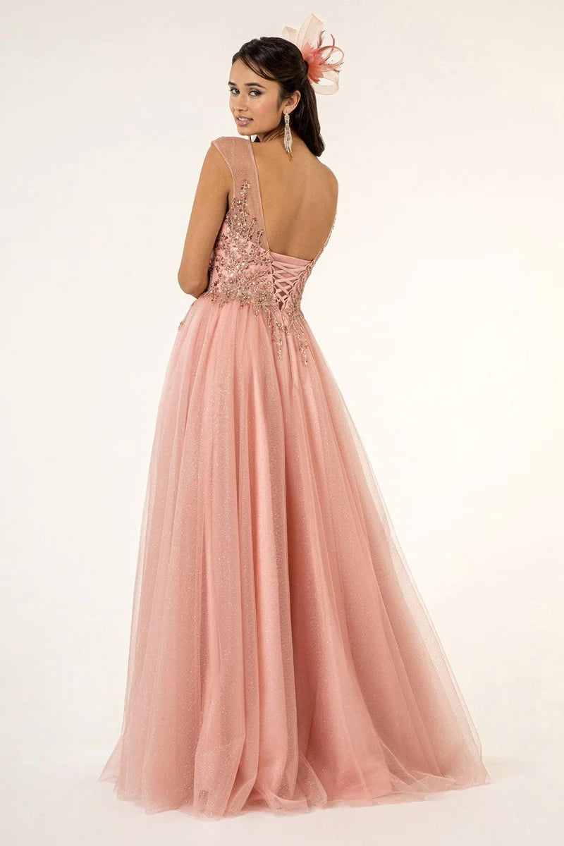 Romantic Beaded A-Line Illusion-Neck Cap-Sleeve Lace-Up Floor-Length Prom Dress