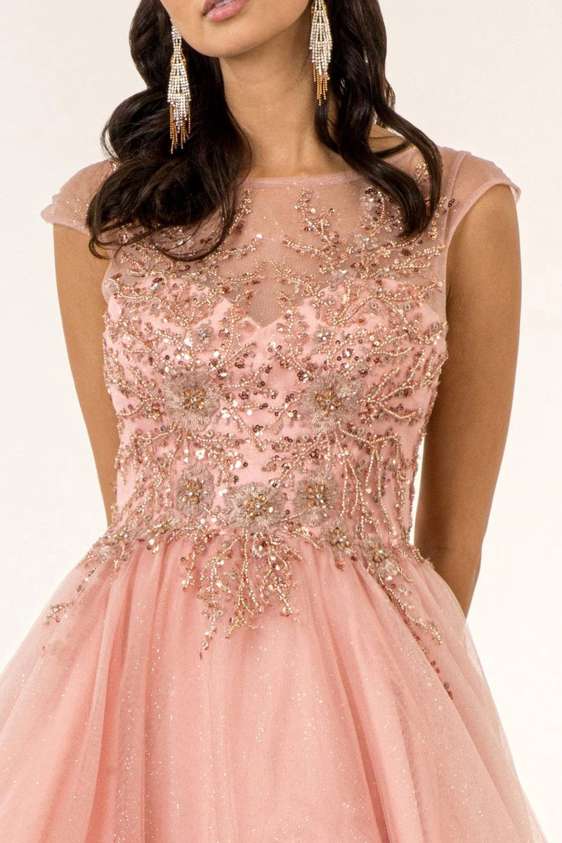Romantic Beaded A-Line Illusion-Neck Cap-Sleeve Lace-Up Floor-Length Prom Dress