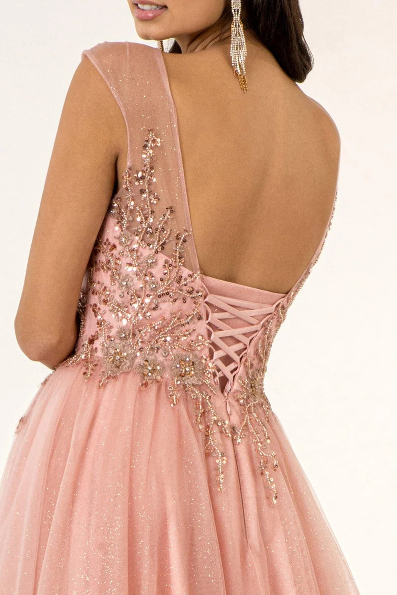 Romantic Beaded A-Line Illusion-Neck Cap-Sleeve Lace-Up Floor-Length Prom Dress