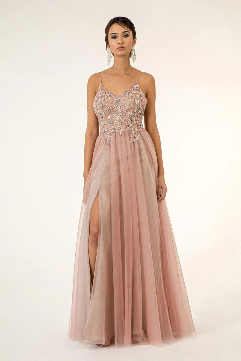 Loverlm dusty rose beaded V-neck A-line floor-length prom dress front view
