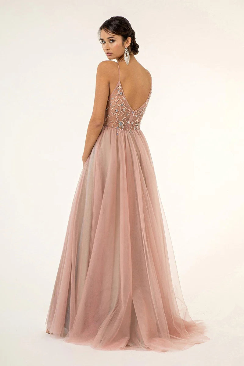 Romantic A-Line V-Neck Spaghetti-Strap Low-Back Beaded Floor-Length Prom Dress