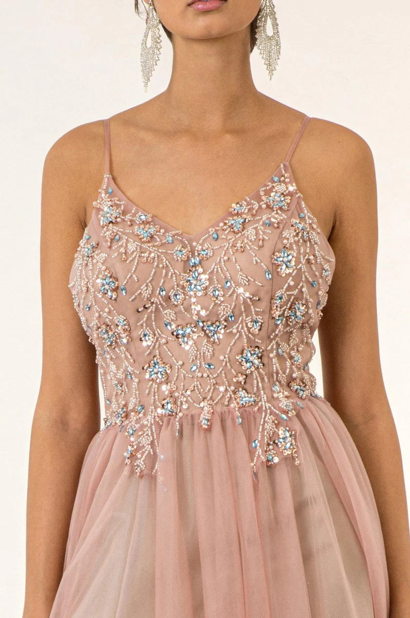 Romantic A-Line V-Neck Spaghetti-Strap Low-Back Beaded Floor-Length Prom Dress
