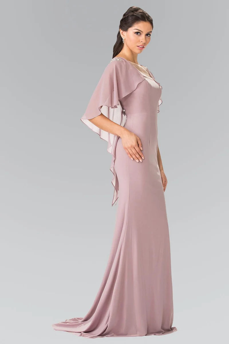 Loverlm dusty rose mother of the bride dress with scoop neckline cape sleeves and elegant floor-length sheath silhouette